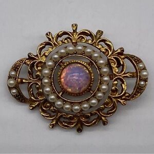 Antique Victorian Dome Opal Faux Pearl Brooch Pin Delicate Filigree Gold Tone